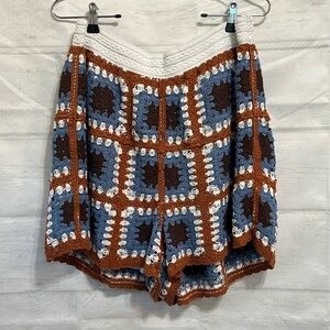 Ultra Pink Crochet Patchwork Shorts in Blue, Brown & White